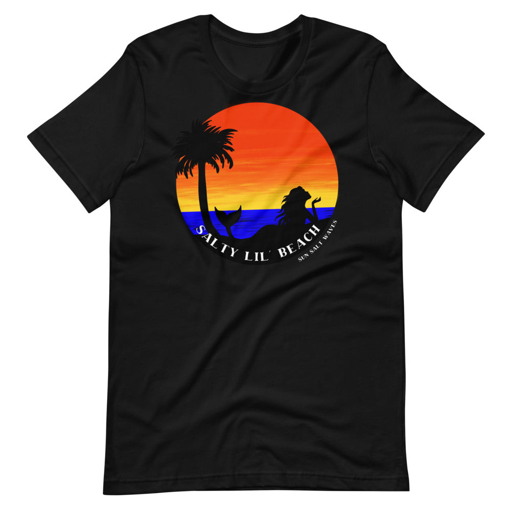 Salty Beach Tee Unisex Sun Salt Waves Mermaid and Palm Silhouette Colorful Sea and Sunset Black