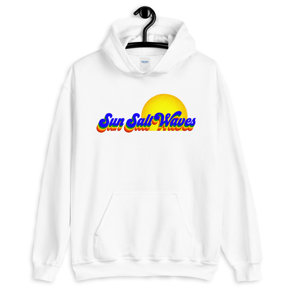 Sun Salt Waves Vintage Vibes White Hoodie Unisex Men's Women's Rainbow Sun Salt Waves with Sun in Background