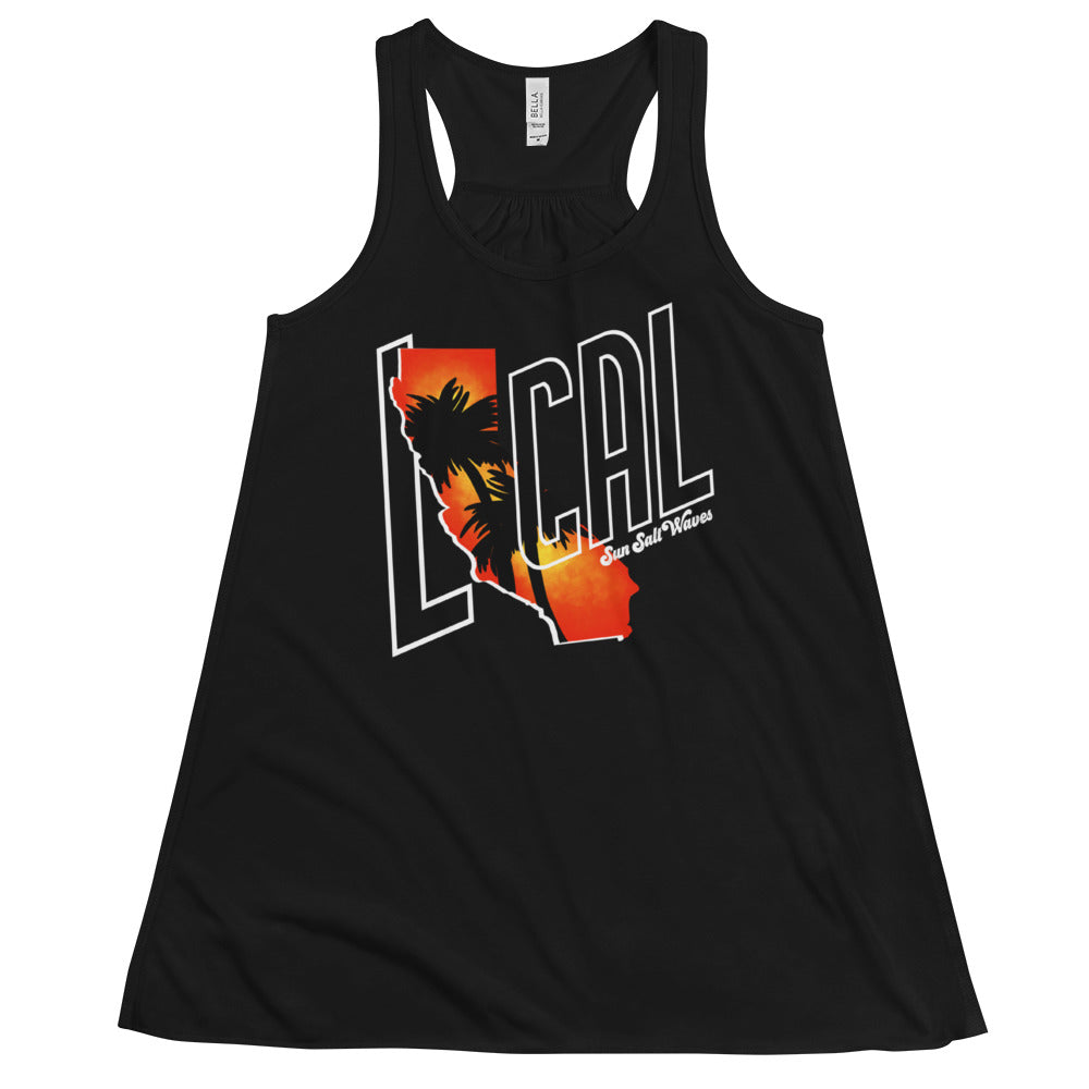 Cali ‘Local’ Flowy Racerback Tank Local Sunset Palms California Silhouette Graphic Tank Women’s Junior’s Sun Salt Waves Black