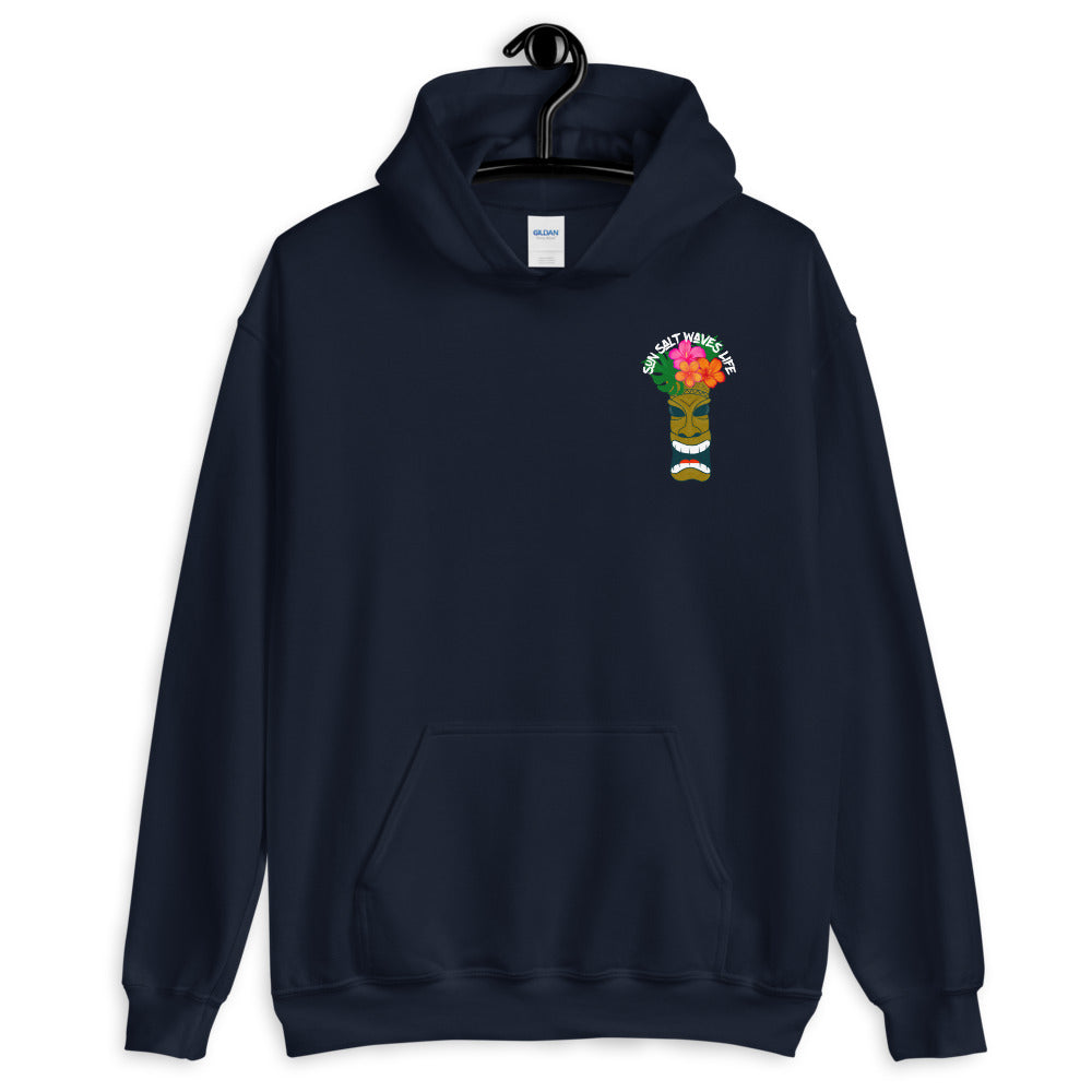 Sun Salt Waves Tiki Navy Blue Hoodie Unisex Men's Women's Graphic Tiki with Flower Crown