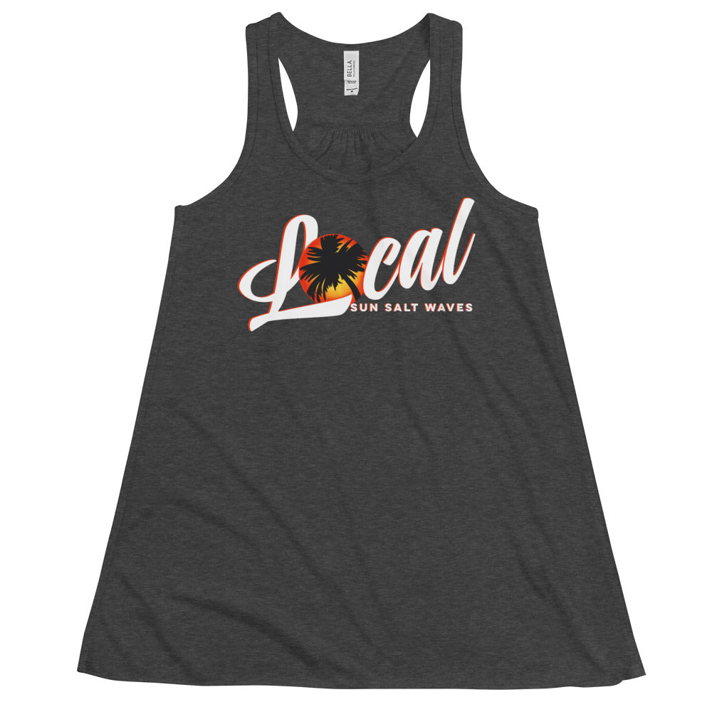 Sunset ‘Local’ Flowy Racerback Tank Sunset with Palm Silhouette Junior Women Sun Salt Waves Heather Gray