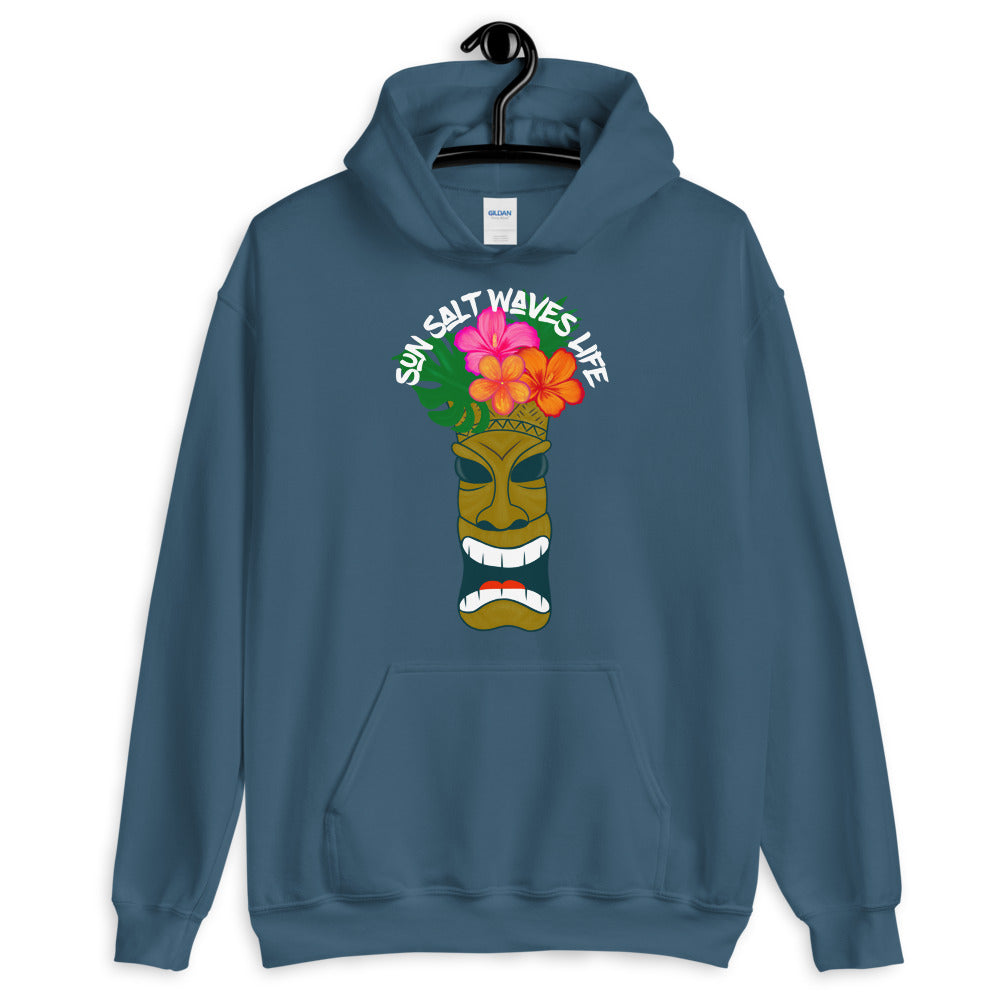 Sun Salt Waves Tiki Indigo Blue Hoodie Unisex Men's Women's Graphic Large Tiki with Flower Crown Tiki with Flower Crown