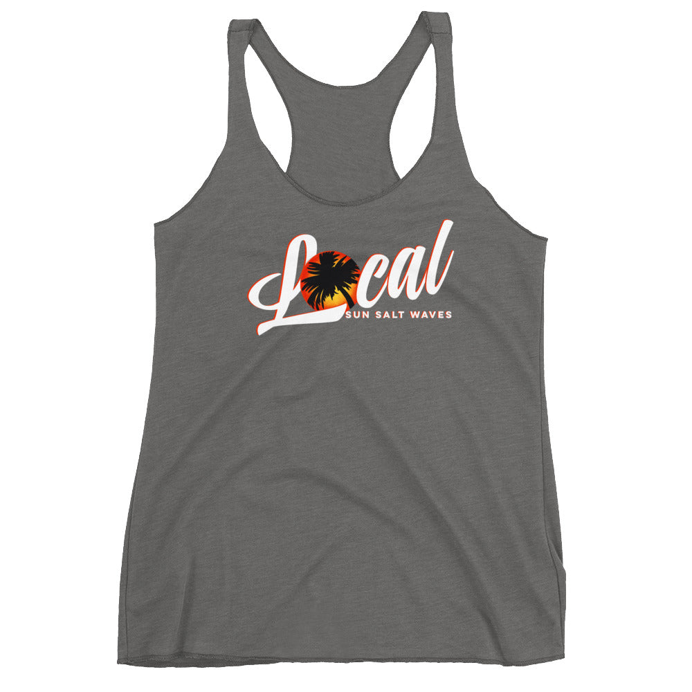 Sunset ‘Local’ Racerback Tank Sunset and Palm Silhouette Women Junior Sun Salt Waves Heather Gray