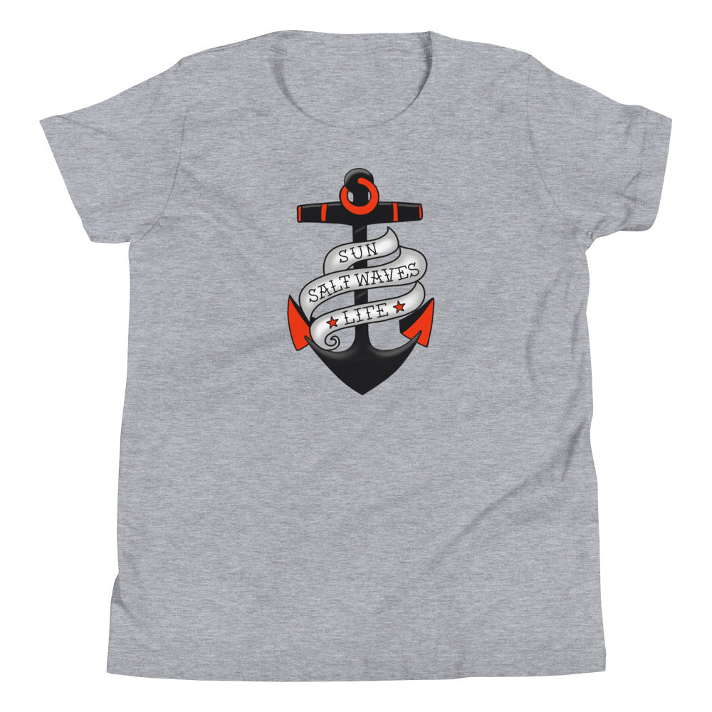 Sink or Swim Youth Tee from Sun Salt Waves vintage style, nautical anchor with a banner that reads Sun Salt Waves Life Heather Gray