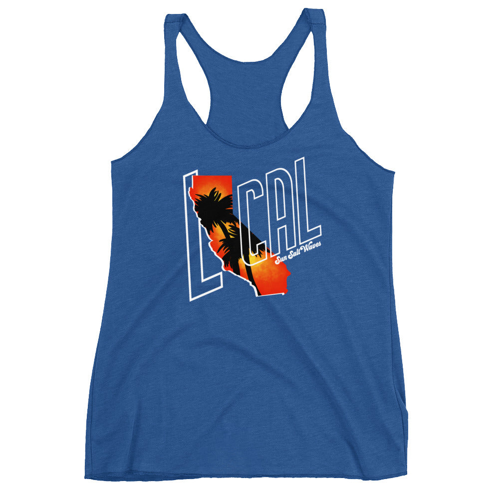 Cali ‘Local’ Racerback Tank Women Junior California Silhouette with Sunset and Palm Silhouette Royal Blue Athleisure