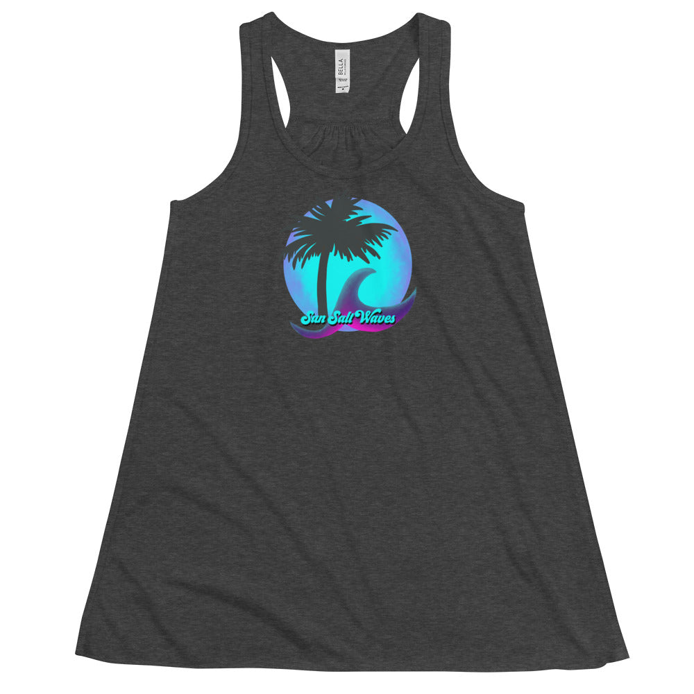 Night Moon Flowy Racerback Tank Graphic Tank Moon Palm and Wave Sun Salt Waves Charcoal Heather