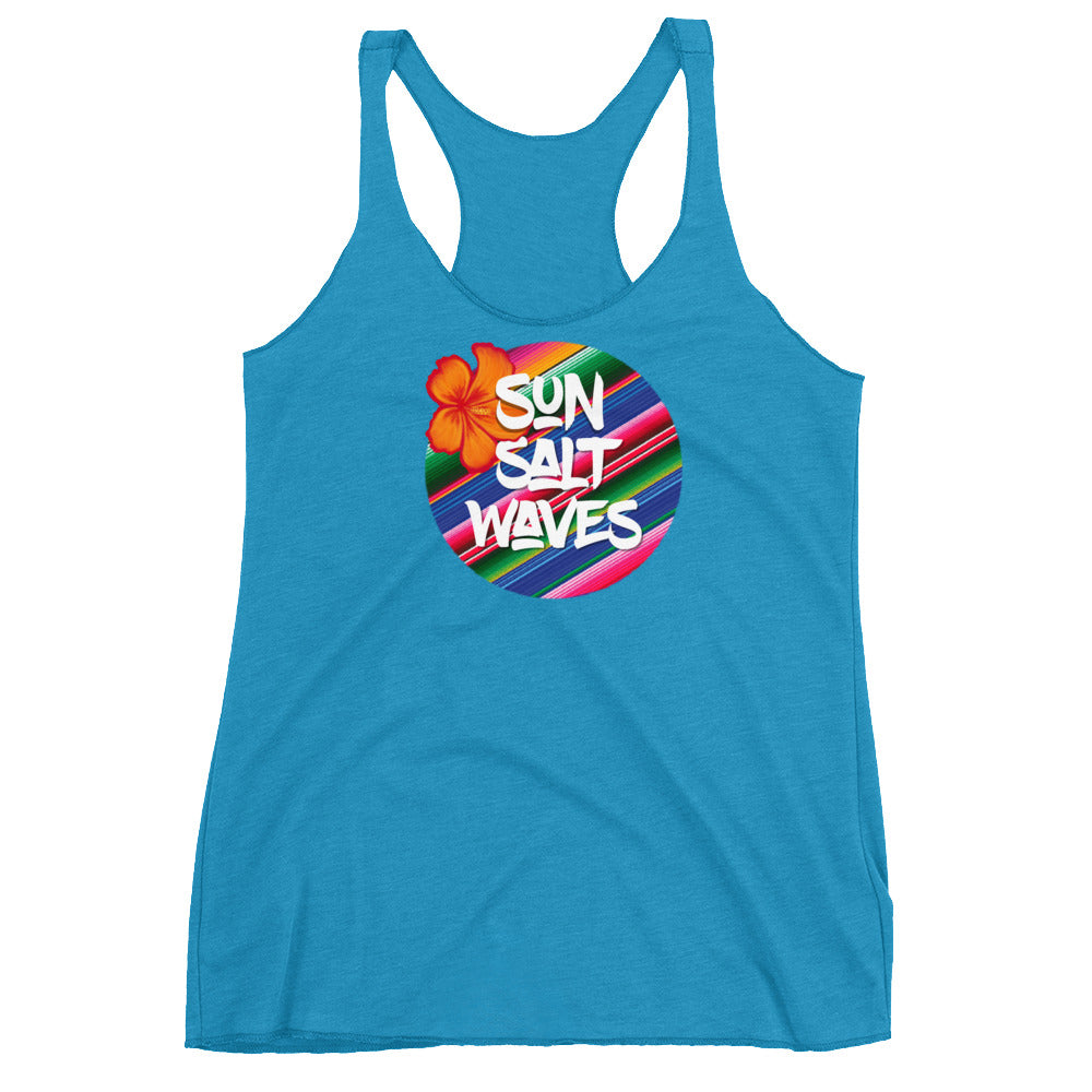 Serape Racerback Tank Graphic Tank Orange Hibiscus and Sun Salt Waves on a Serape Circle Women’s Junior’s Sun Salt Waves Turqouise