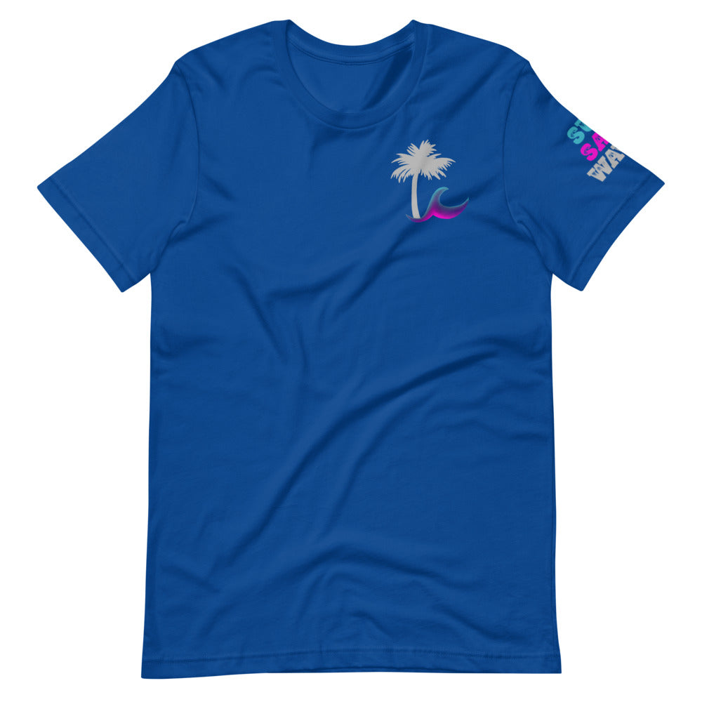 Paradise Palm Sleeve and Chest Print Sun Salt Waves on Sleeve and Colorful Wave and Palm Silhouette on Chest Royal Blue