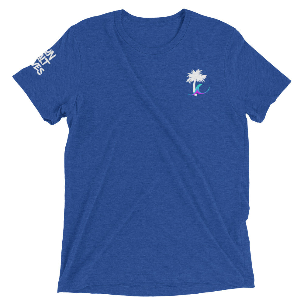 Paradise Palm Tee Unisex Graphic Tee Palm and Wave Sun Salt Waves on Sleeve Men’s Women’s Royal Blue