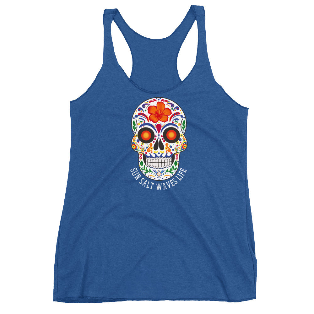Sun Salt Waves Life Flowy Racerback Tank Graphic Tank Sugar Skull Women’s Junior’s Sun Salt Waves Royal Blue