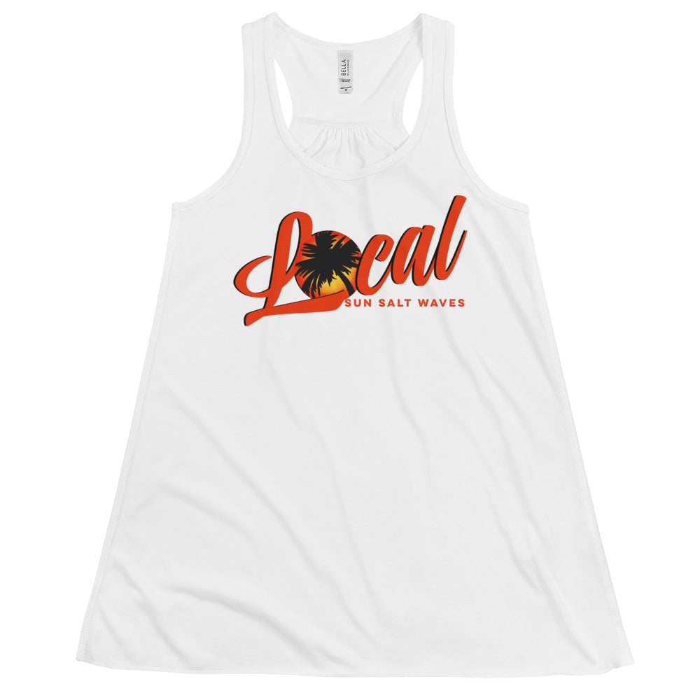 Sunset ‘Local’ Flowy Racerback Tank Sunset with Palm Silhouette Junior Women Sun Salt Waves White
