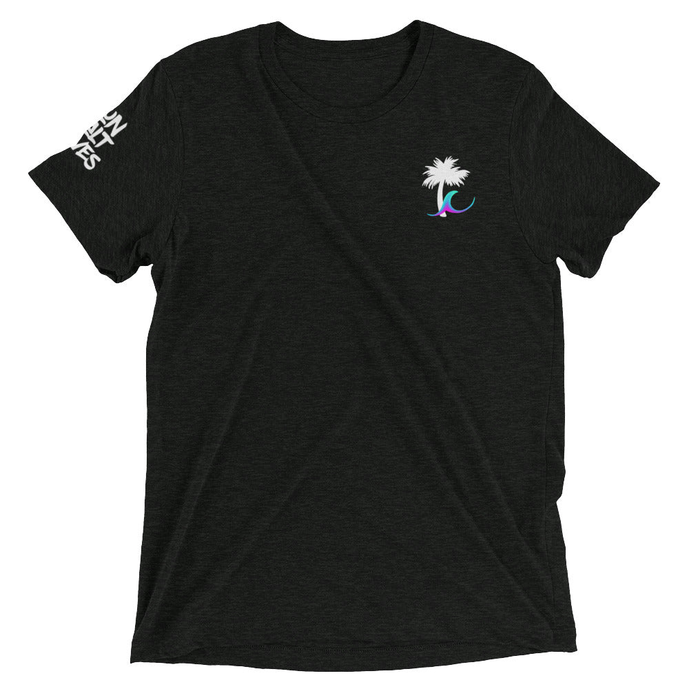 Paradise Palm Tee Unisex Graphic Tee Palm and Wave Sun Salt Waves on Sleeve Men’s Women’s Heather Charcoal