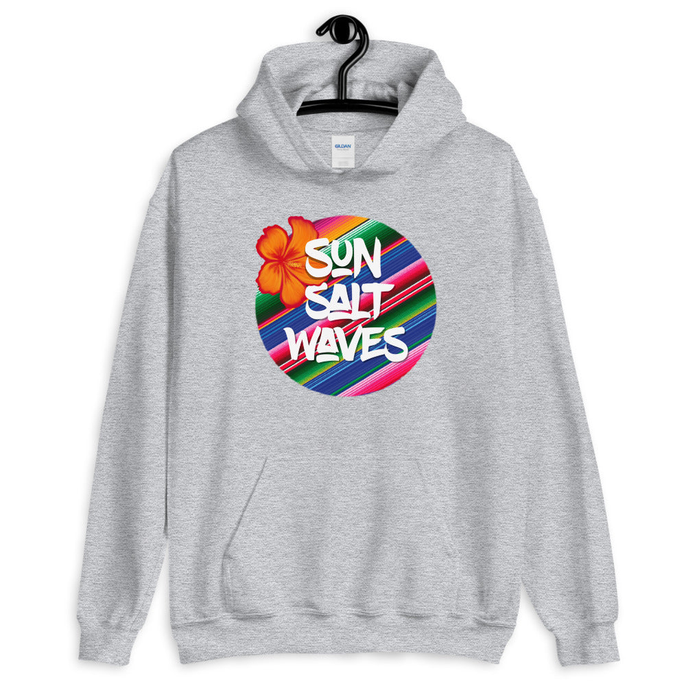 Serape Sport Light Grey Hoodie Unisex Men's Women's Graphic Orange Hibiscus, Sun Salt Waves and Serape Circle