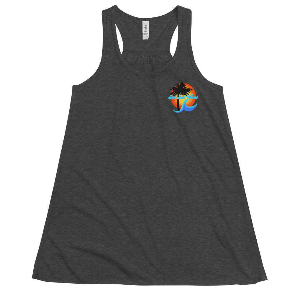 Sun Salt Waves Flowy Racerback Tank Graphic Tank Sun Wave and Palm Tree Silhouette Women’s Junior’s Charcoal Heather