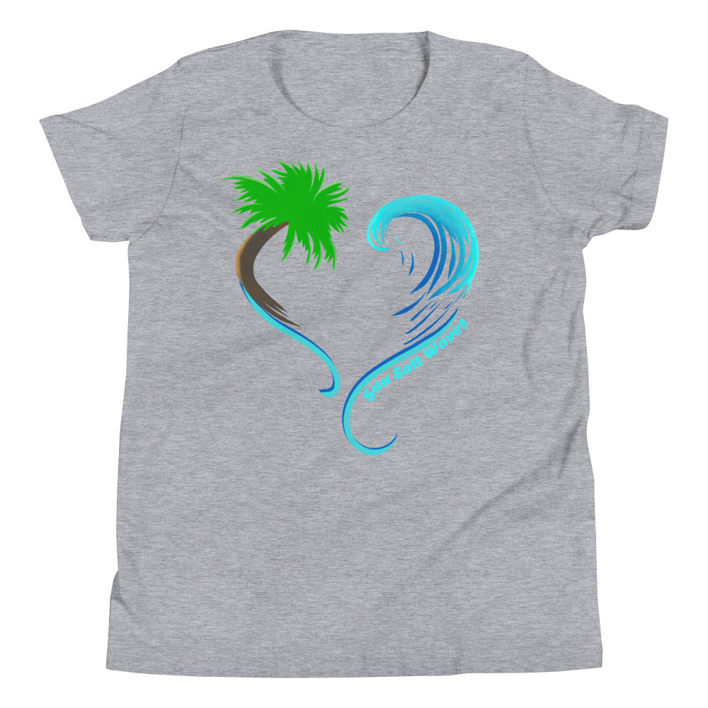 Rising Tides Youth Tee from Sun Salt Waves our hand designed, heart shaped palm and wave design Heather Gray