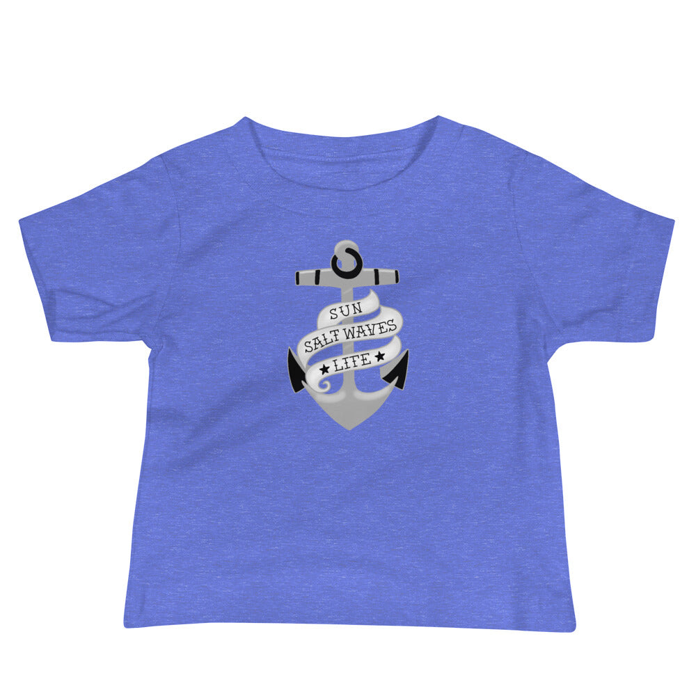 Sink or Swim Baby Tee from Sun Salt Waves Vintage Tattoo Anchor and Banner Design Heather Blue