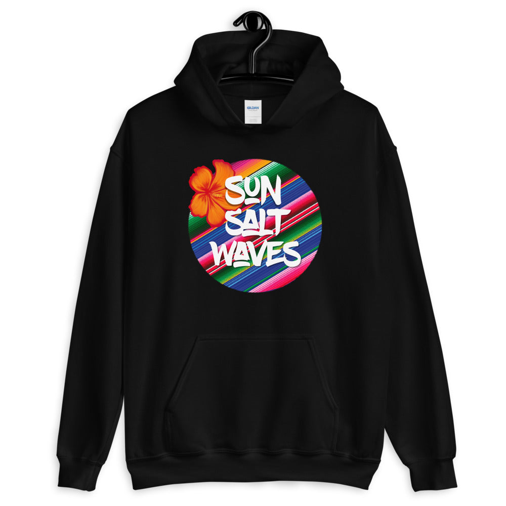 Serape Black Hoodie Unisex Men's Women's Graphic Orange Hibiscus, Sun Salt Waves and Serape Circle
