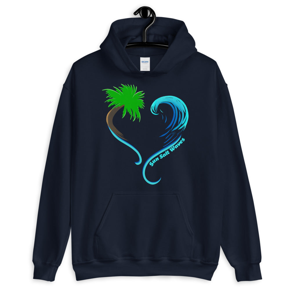 Sun Salt Waves Rising Tides Indigo Blue Hoodie Unisex Men’s Women’s Graphic Heart Shaped Multi Color Wave and Palm Silhouette Navy