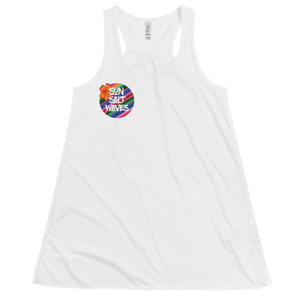 Serape Flowy Racerback Tank Sun Salt Waves Serape Hibiscus Design White