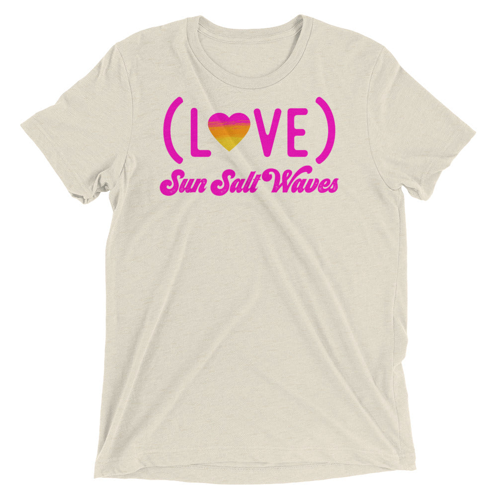 Love Tee Unisex Graphic Love With Heart in Sunset Colors Sun Salt Waves Men’s Women’s Heather Oatmeal