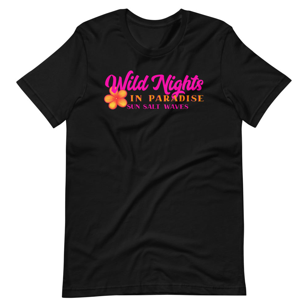 Wild Nights in Paradise Tee from Sun Salt Waves Typography in Bright Pink and Orange with Plumeria Black