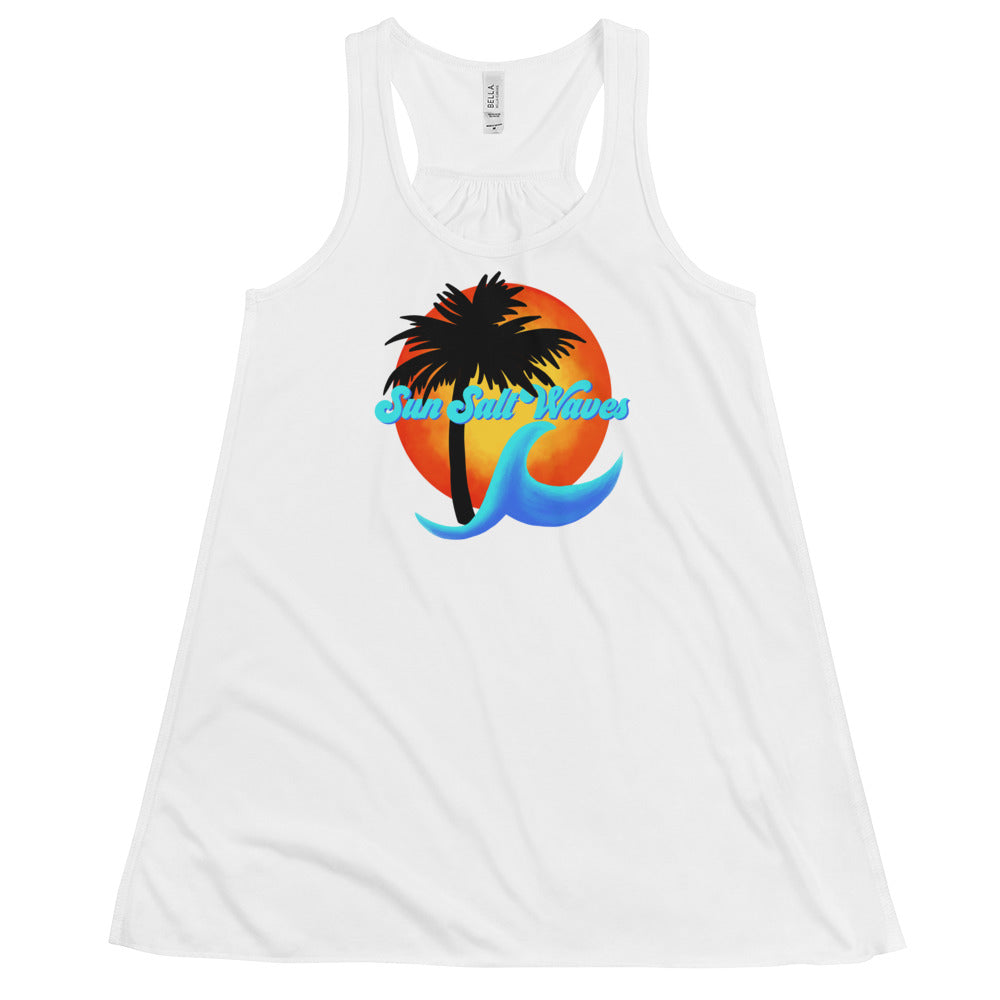 Sun Salt Waves Flowy Racerback Tank Graphic Tank Sun Wave and Palm Tree Silhouette Women’s Junior’s White