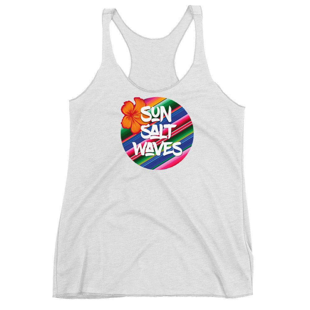 Serape Racerback Tank Graphic Tank Orange Hibiscus and Sun Salt Waves on a Serape Circle Women’s Junior’s Sun Salt Waves White
