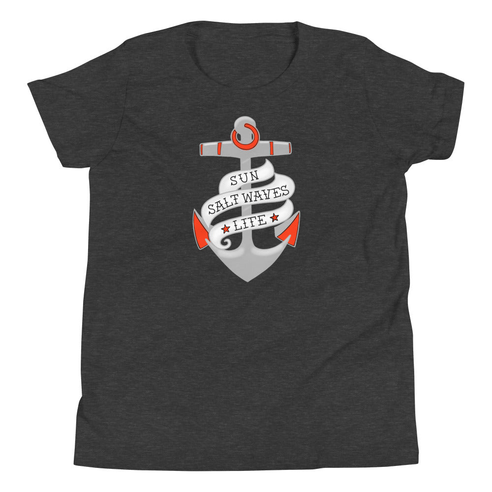 Sink or Swim Youth Tee from Sun Salt Waves vintage style, nautical anchor with a banner that reads Sun Salt Waves Life Heather Charcoal