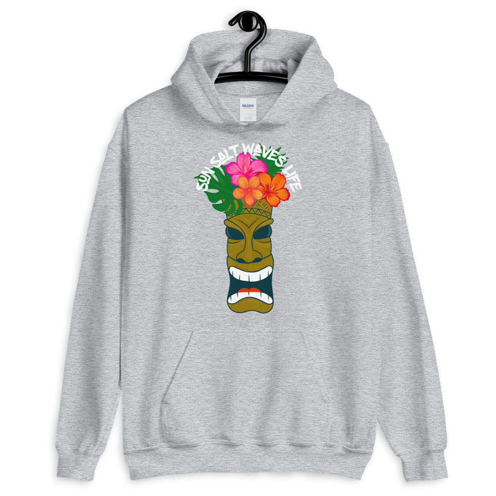 Sun Salt Waves Tiki Light Sport Grey Hoodie Unisex Men's Women's Graphic Large Tiki with Flower Crown Tiki with Flower Crown