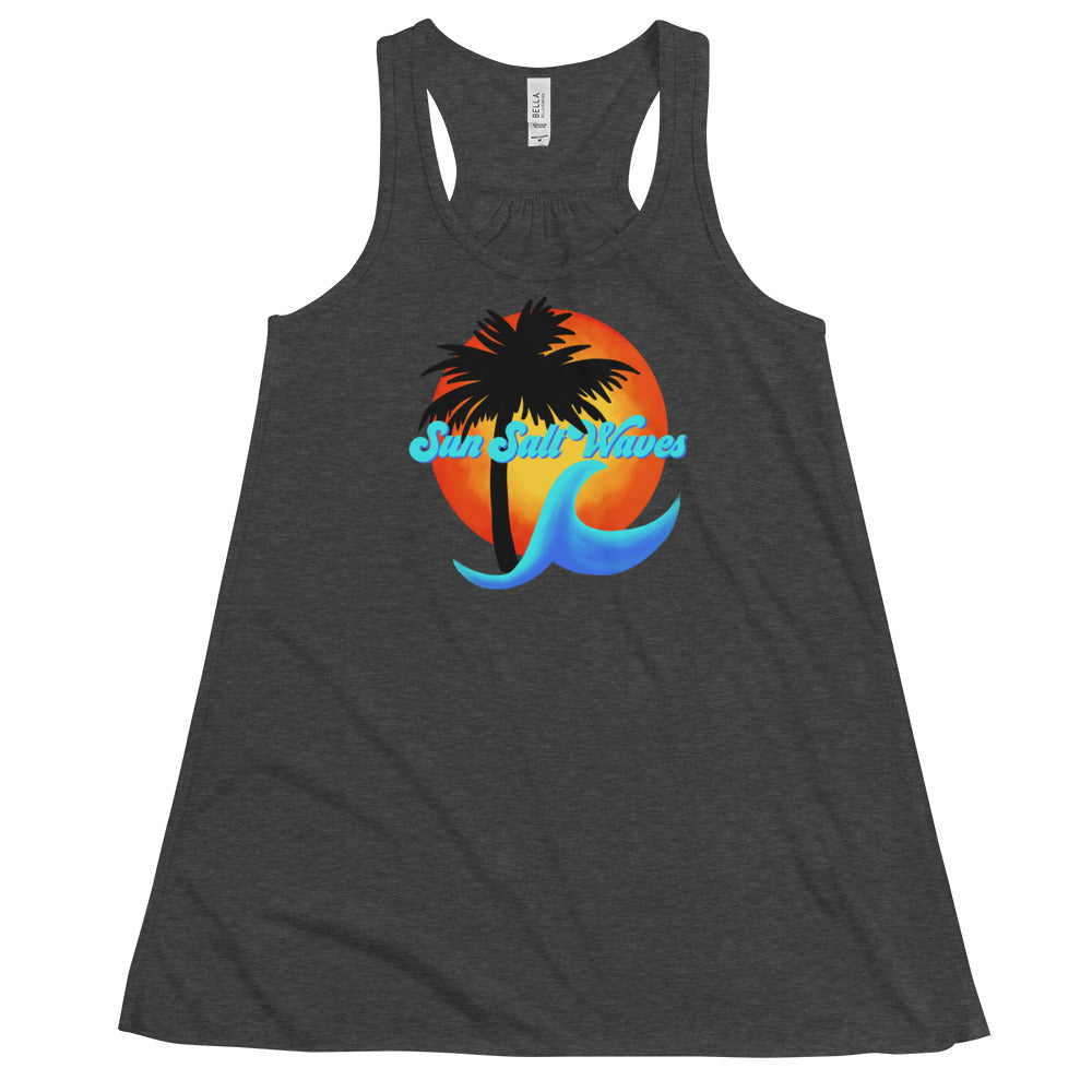 Sun Salt Waves Flowy Racerback Tank Graphic Tank Sun Wave and Palm Tree Silhouette Heather Charcoal