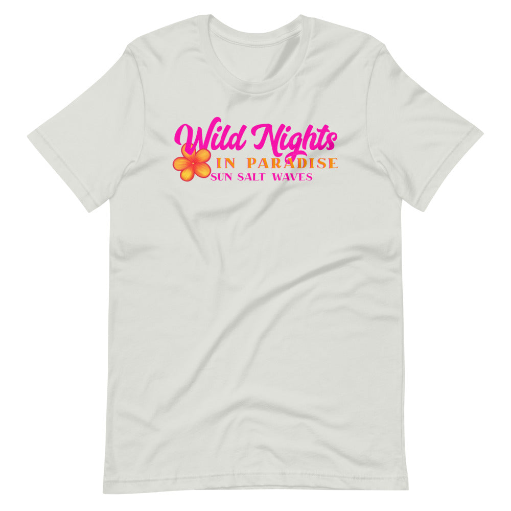 Wild Nights in Paradise Tee from Sun Salt Waves Typography in Bright Pink and Orange with Plumeria Silver