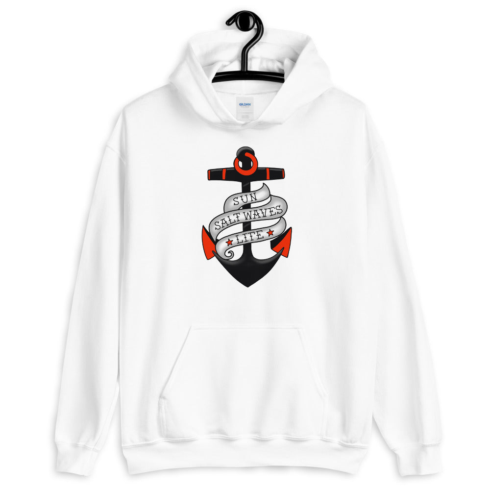 Sink or Swim Hoodie Red Black and White Vintage Tattoo Anchor Sun Salt Waves Unisex White