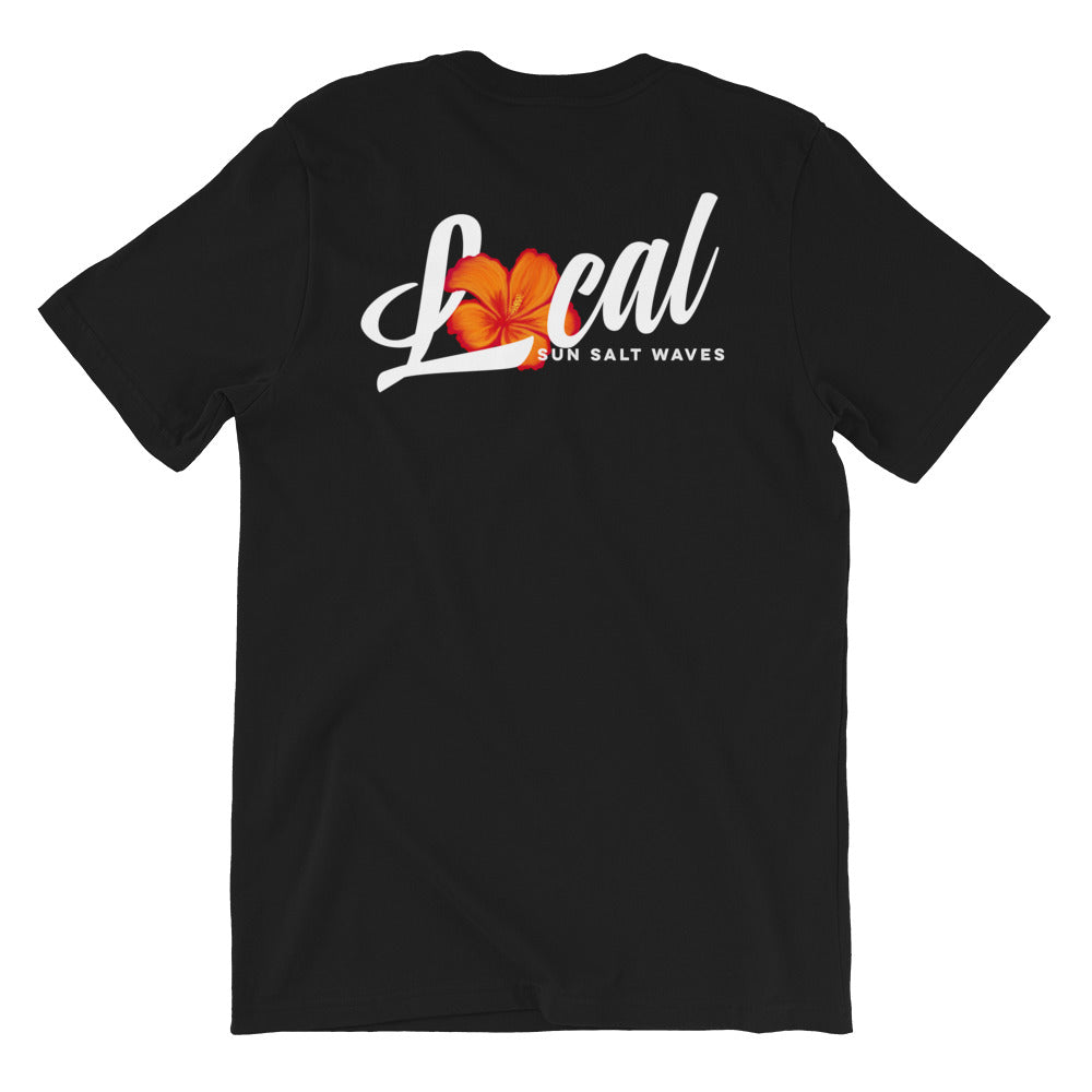Hibiscus ‘Local’ Tee Unisex Graphic Tee Sun Salt Waves Orange Hibiscus Local Front and Back Print Men’s Women’s Black