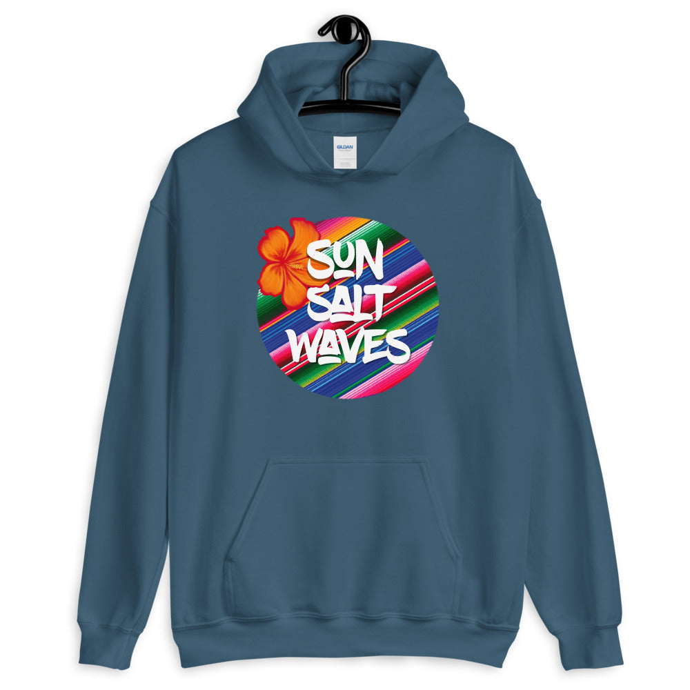 Serape Indigo Blue Hoodie Unisex Men's Women's Graphic Orange Hibiscus, Sun Salt Waves and Serape Circle