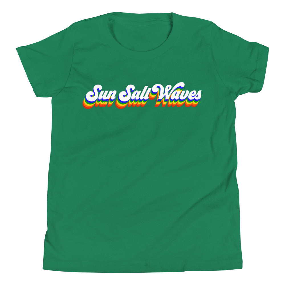 Vintage Vibes Youth Tee from Sun Salt Waves hand designed, colorful Sun Salt Waves design, reminiscent of vintage California Kelly Green