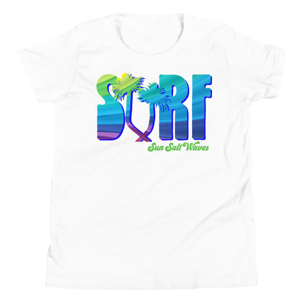 Surf Life Youth Tee Sun Salt Waves Colorful Typography Palm Tree White