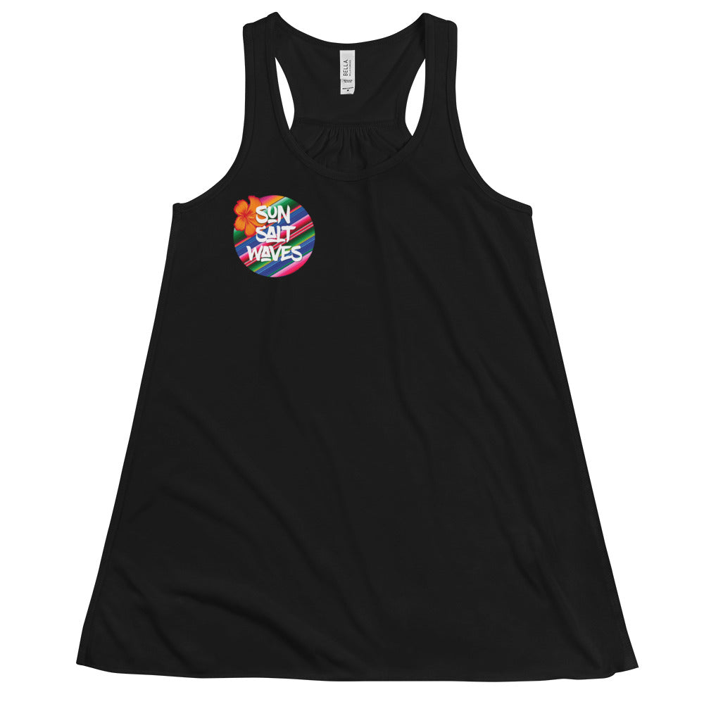 Serape Flowy Racerback Tank Sun Salt Waves Serape Hibiscus Design Black