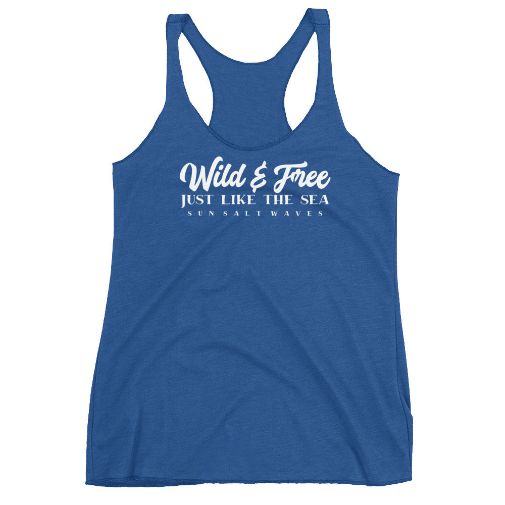 Wild and Free Racerback Tank Just Like the Sea Sun Salt Waves Junior Women Royal Blue