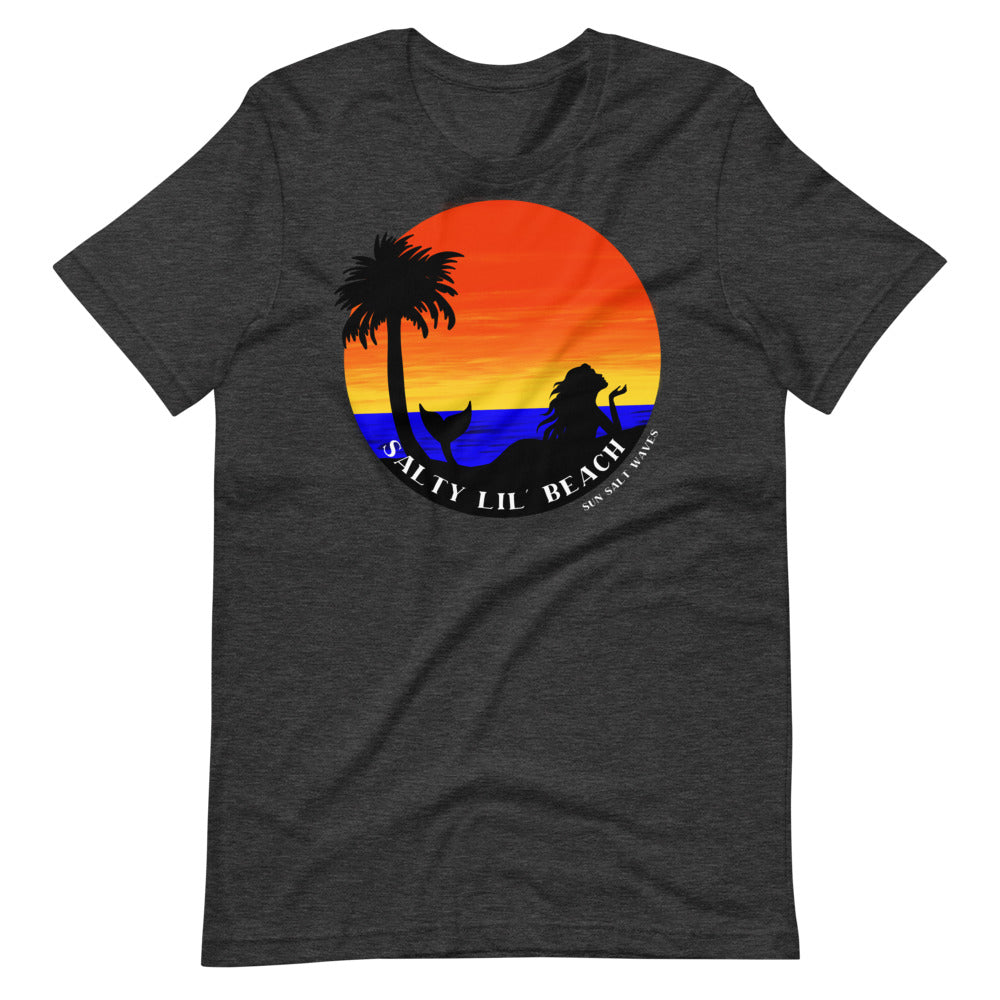 Salty Beach Tee Unisex Sun Salt Waves Mermaid and Palm Silhouette Colorful Sea and Sunset