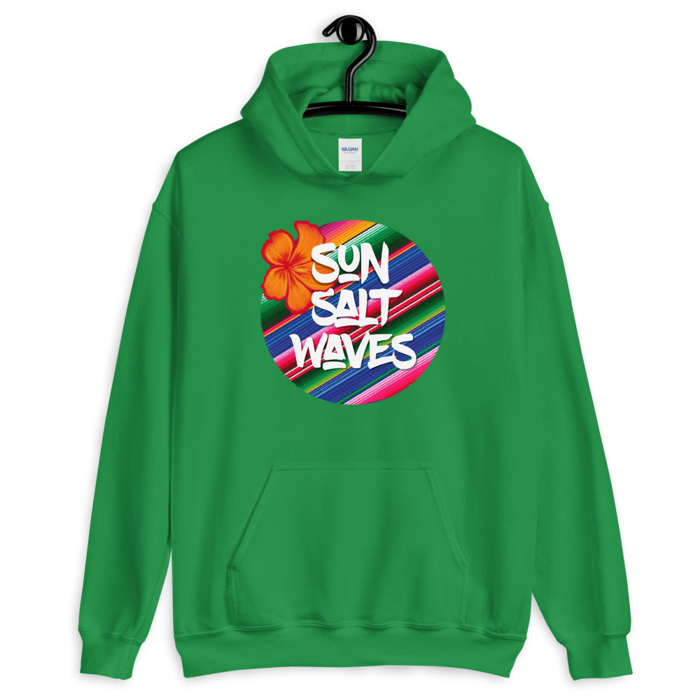 Serape Irish Green Hoodie Unisex Men's Women's Graphic Orange Hibiscus, Sun Salt Waves and Serape Circle