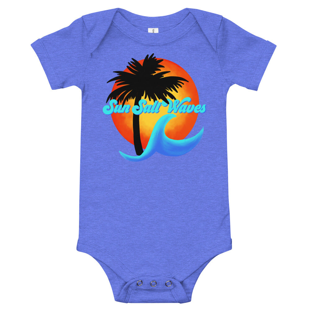 Sun Salt Waves Logo Onesie Sun Palm and Wave Heather Blue