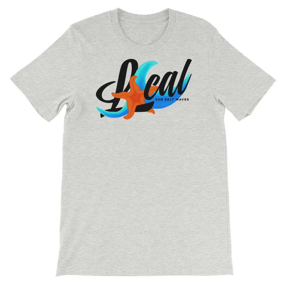 Sea Life ‘Local’ Raw Neck Tee Unisex Graphic Tee Wave Starfish and Local Sun Salt Waves Men’s Women’s Unisex Light Heather Gray