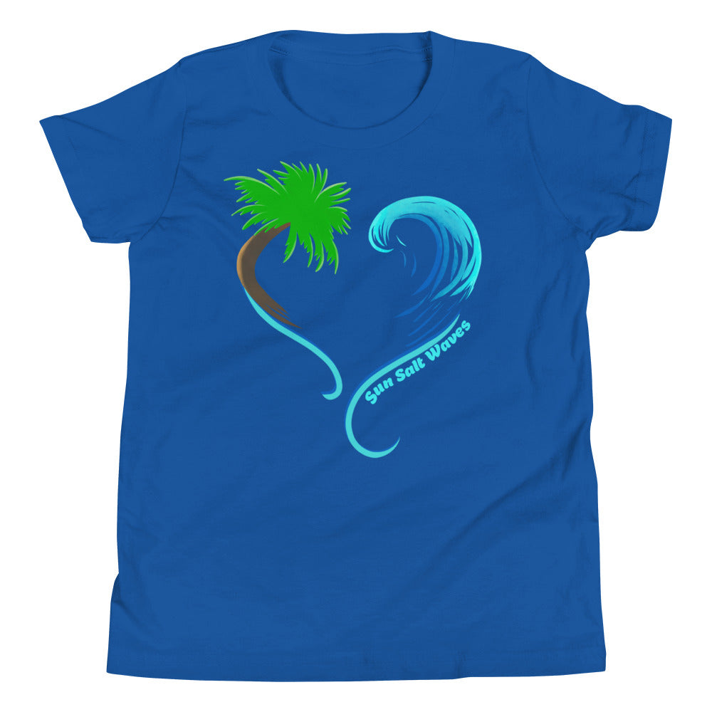 Rising Tides Youth Tee from Sun Salt Waves our hand designed, heart shaped palm and wave design Royal Blue