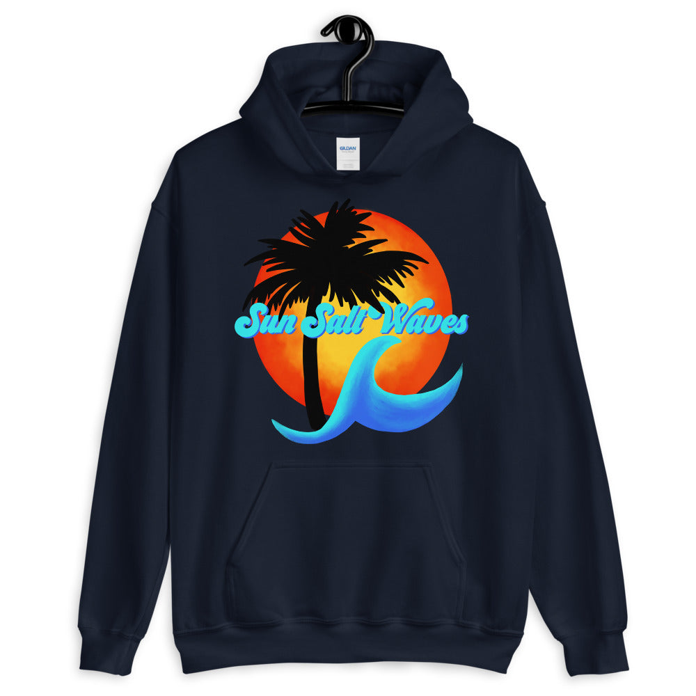 Sun Salt Waves Hoodie Unisex Graphic Local with Multi Color Wave and Sun and Palm Silhouette