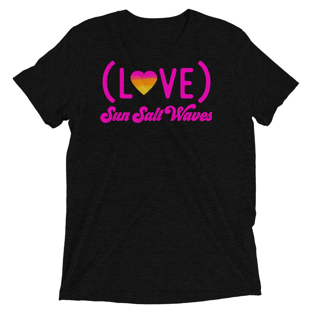 Love Life Tee Unisex Graphic Love With Heart in Sunset Colors Sun Salt Waves Men’s Women’s Heather Charcoal