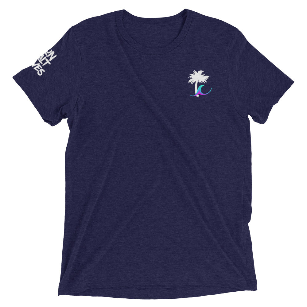 Paradise Palm Tee Unisex Graphic Tee Palm and Wave Sun Salt Waves on Sleeve Men’s Women’s Navy