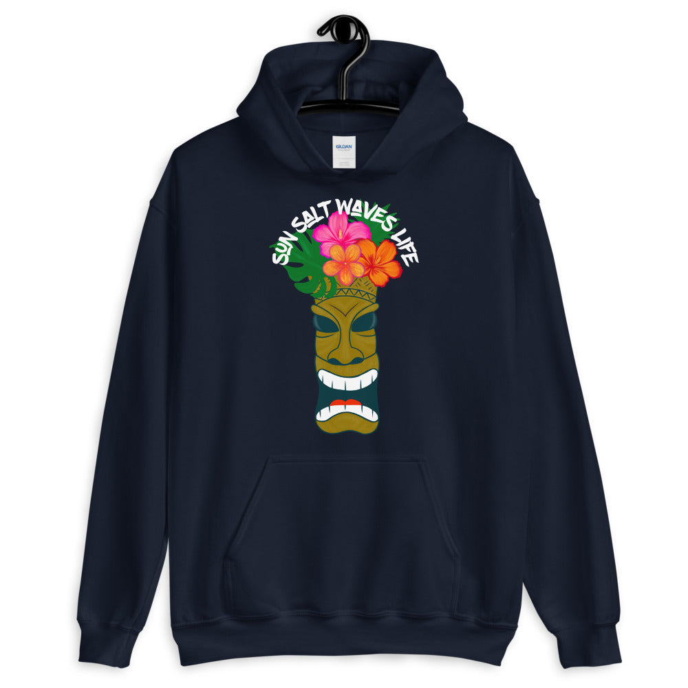 Sun Salt Waves Tiki Navy Blue Hoodie Unisex Men's Women's Graphic Large Tiki with Flower Crown Tiki with Flower Crown