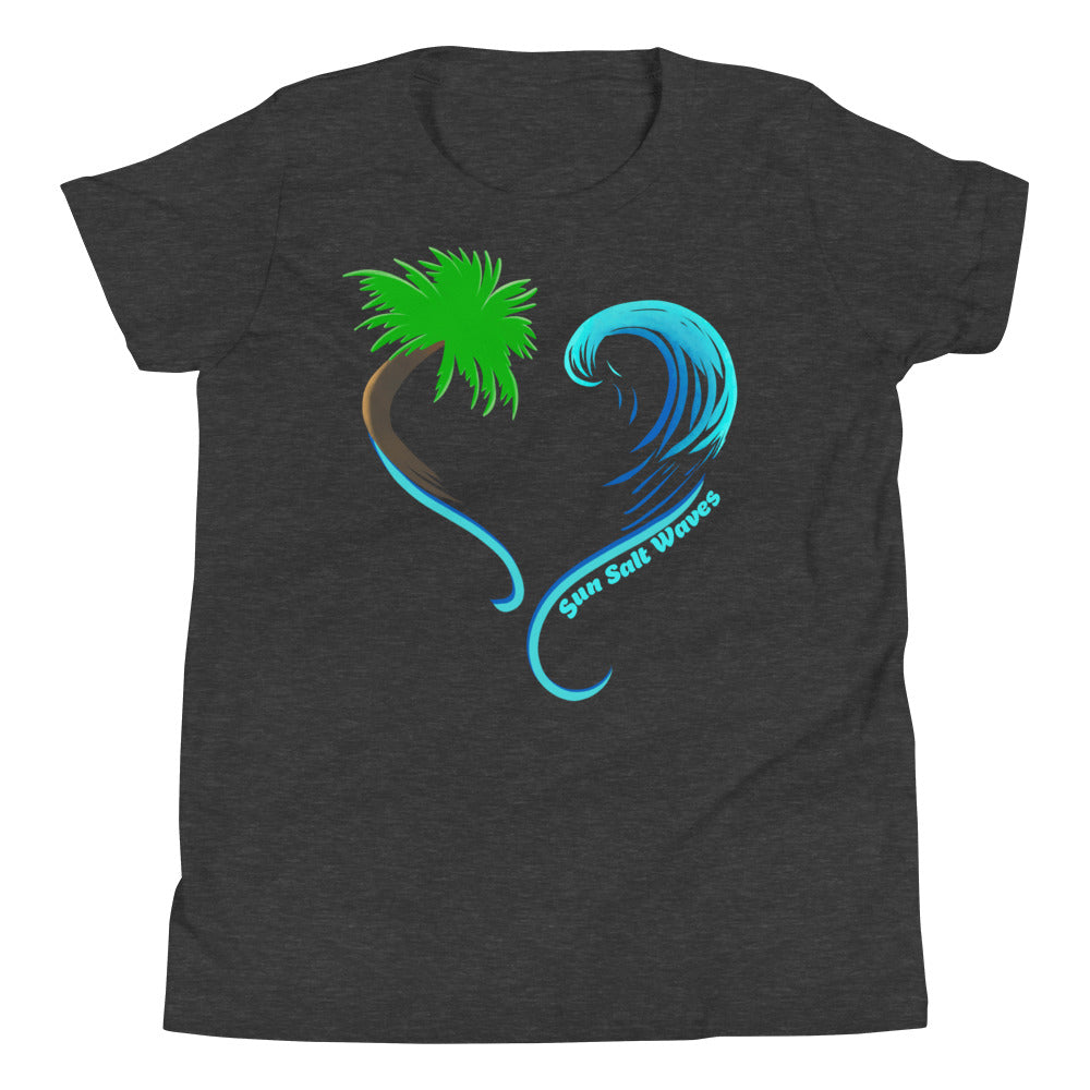 Rising Tides Youth Tee from Sun Salt Waves our hand designed, heart shaped palm and wave design Charcoal Heather
