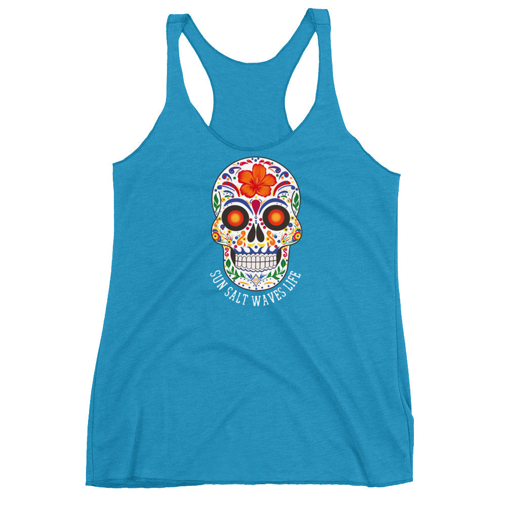 Sun Salt Waves Life Flowy Racerback Tank Graphic Tank Sugar Skull Women’s Junior’s Sun Salt Waves Turquoise