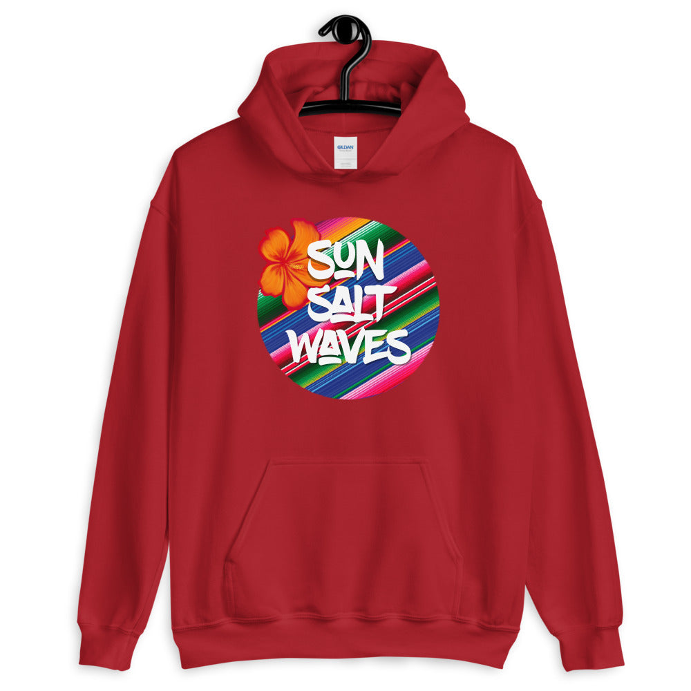 Serape Red Hoodie Unisex Men's Women's Graphic Orange Hibiscus, Sun Salt Waves and Serape Circle
